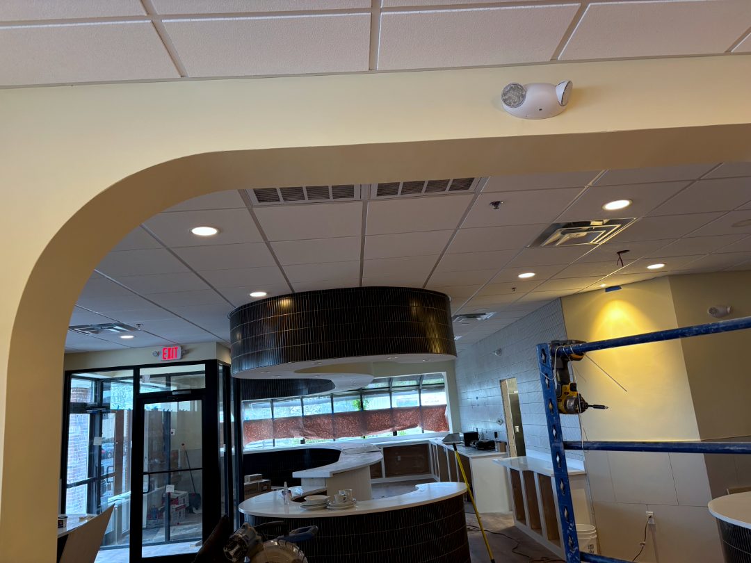 Grid ceiling with recessed cans seen through an arched opening